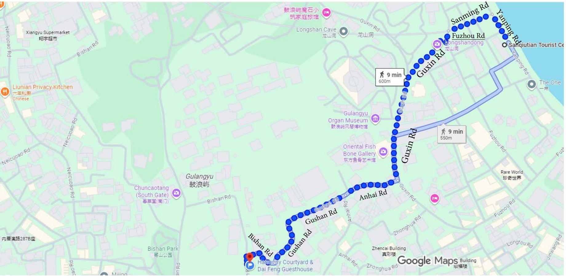 從三丘田遊客中心到和院酒店集團的步行路線地圖