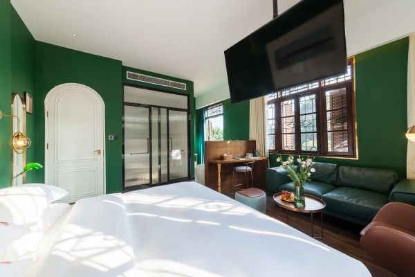 Interior of Harmony Courtyard Double Room with Terrace, showcasing Gulangyu Accommodations' blend of comfort and outdoor space